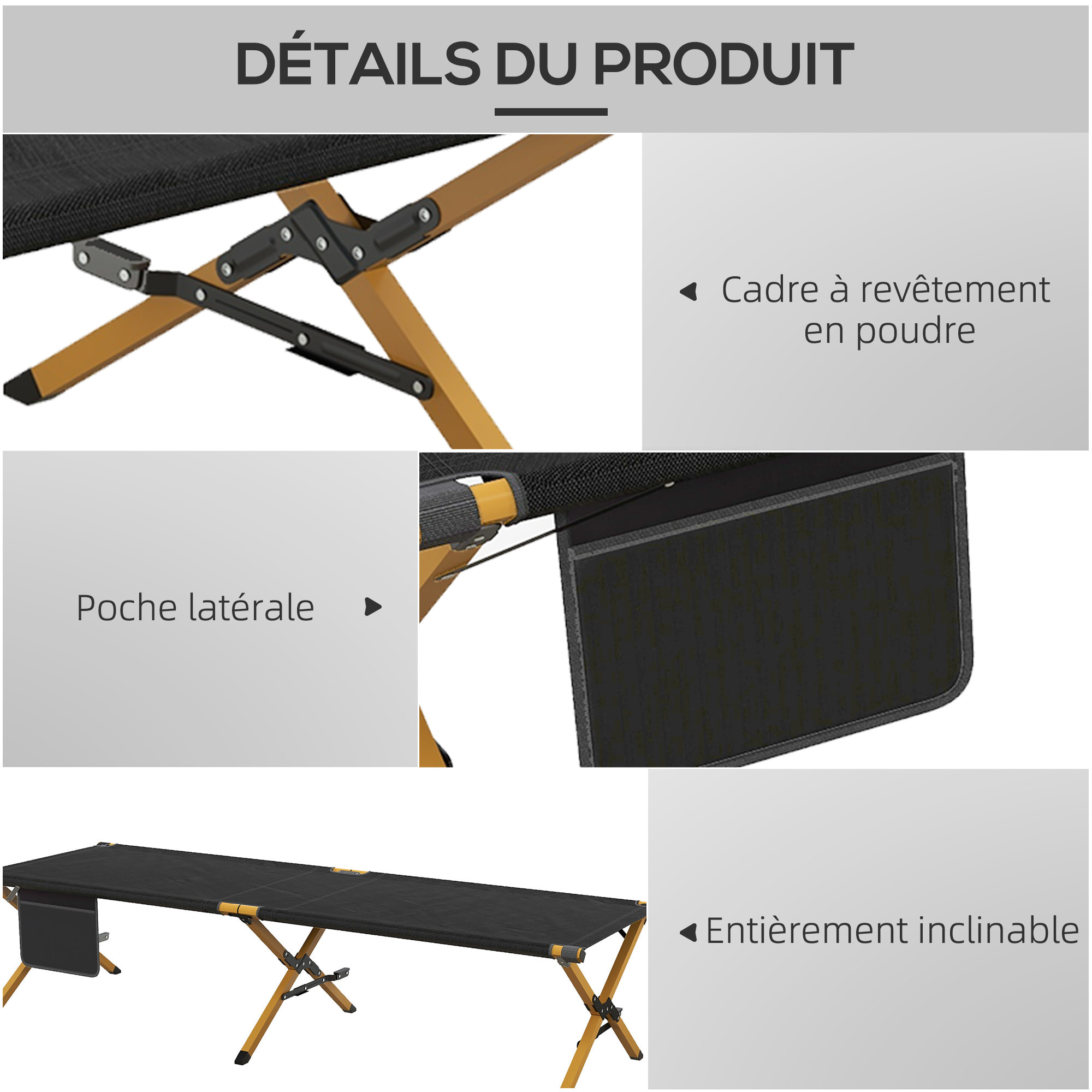 Lit de camp pliable dim. 196L x 64l x 45H cm - pochette rangement - alu jaune Oxford noir