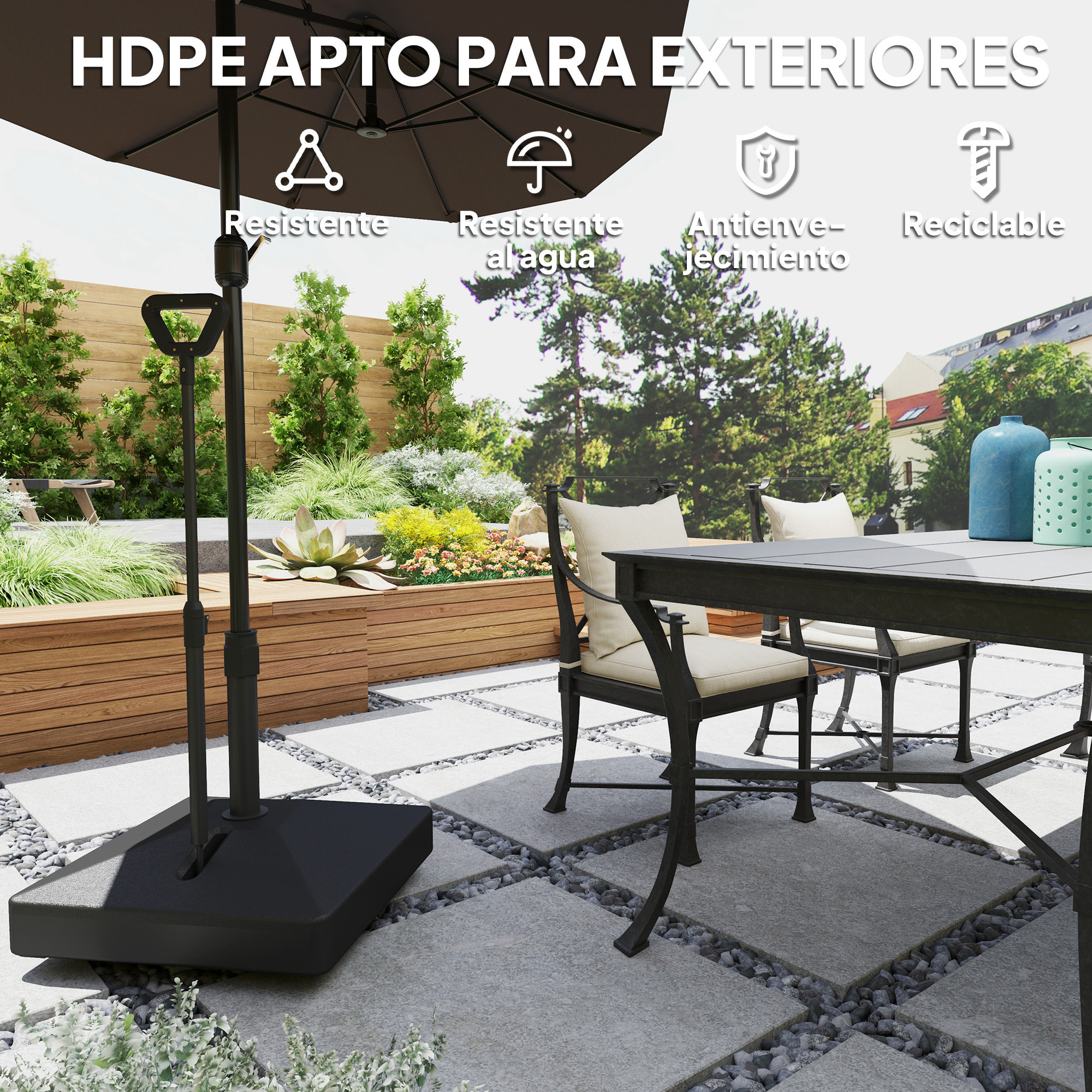 Base para Sombrilla Cuadrada Soporte para Parasol con Ruedas Pie para Sombrilla con Asa Ajustable Rellenable con Agua 45L o Arena 55kg para Jardín Terraza Negro