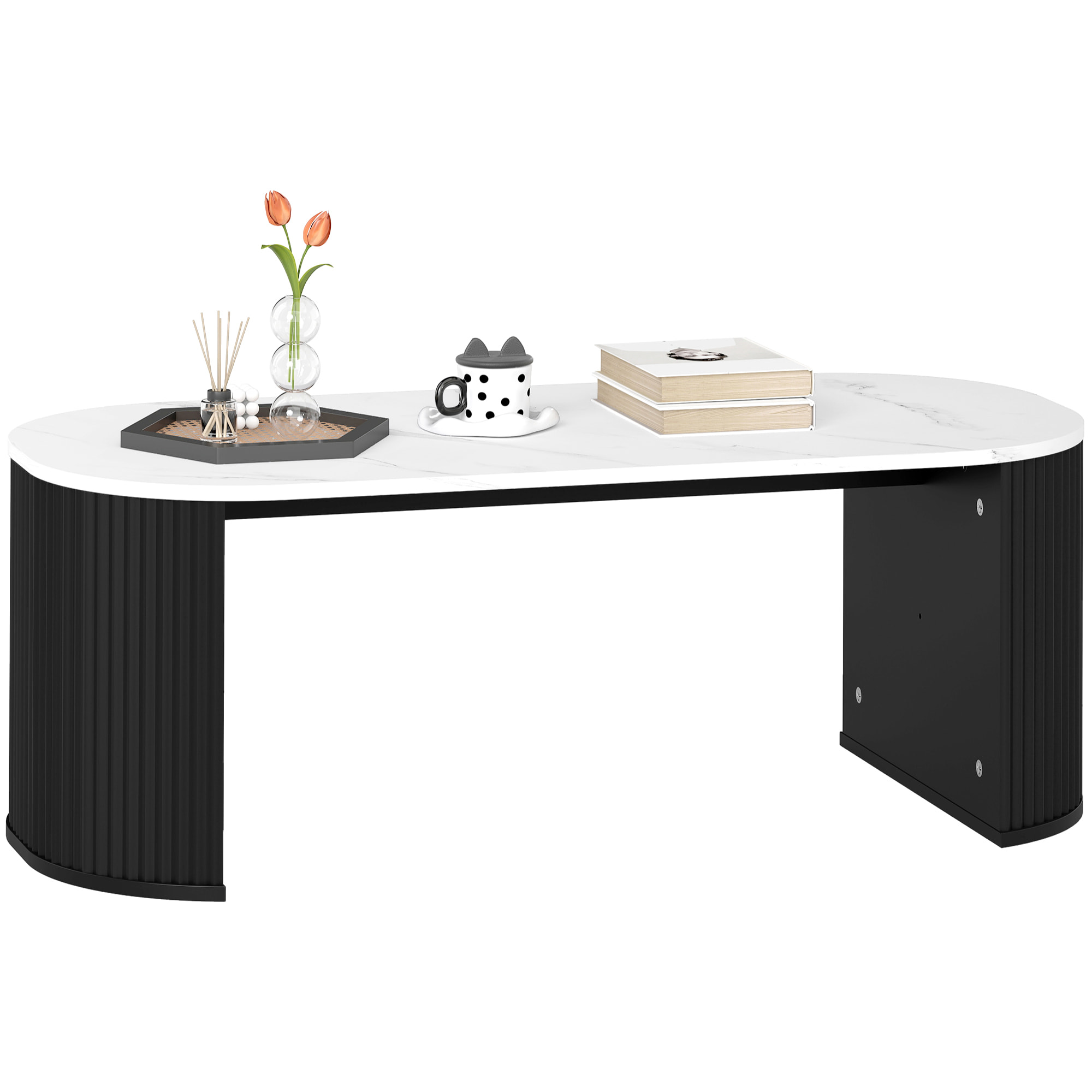 Table basse design ovale effet marbre blanc dim. 110 x 50 x 40 cm noir