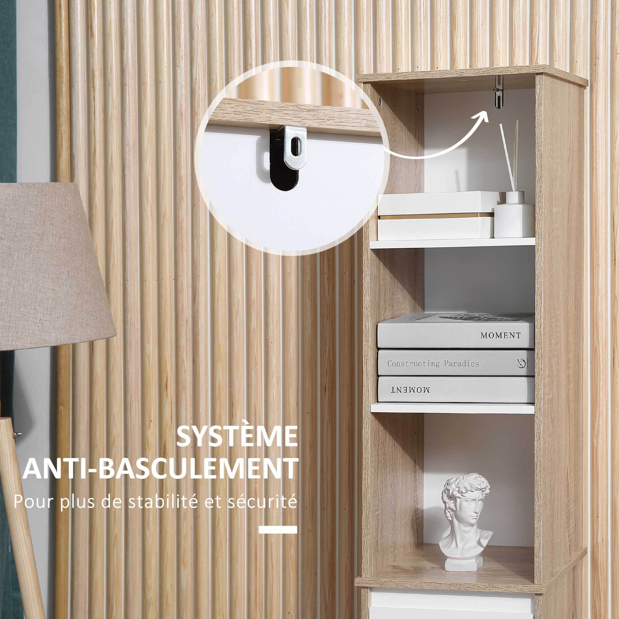 Meuble colonne rangement salle de bain style cosy 3 niches tiroir placard avec étagère blanc aspect chêne clair