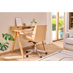 Chaise de bureau à roulettes design blanc, bois clair et acier chromé CURVED