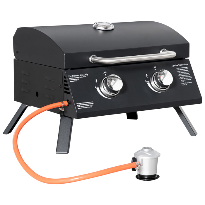 Outsunny Barbacoa de Mesa a Gas Plegable con 2 Quemadores Parrilla de Gas Portátil con Tapa Acero a Carbono para Camping Picnic al Aire Libre Jardín 55x46,5x41 cm Negro