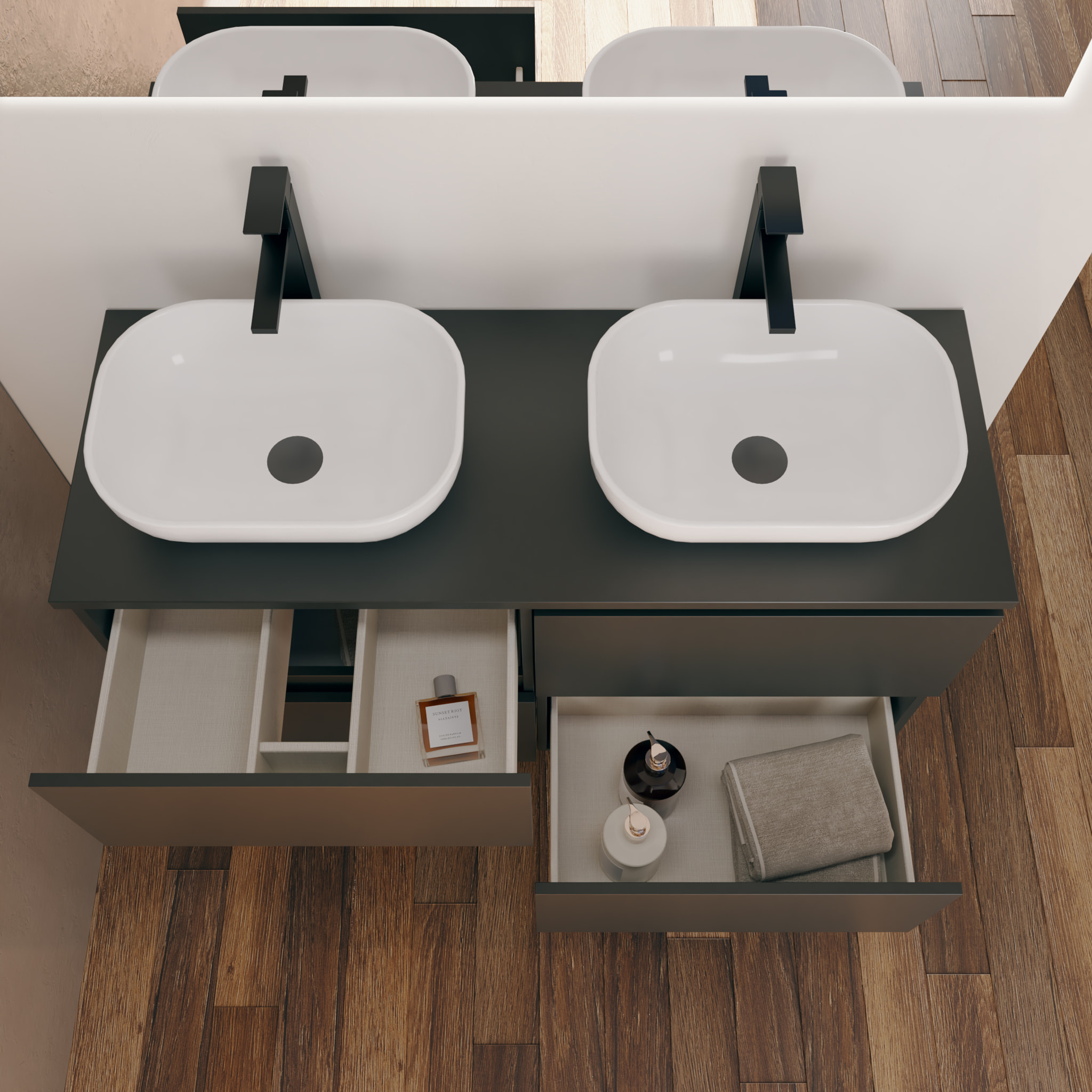 Conjunto de Baño Kaji | Mueble de Baño Suspendido | 120 cm Negro| Cuatro Cajones | Lavabo Ovalado sobre Encimera | No incluye Espejo | Alday