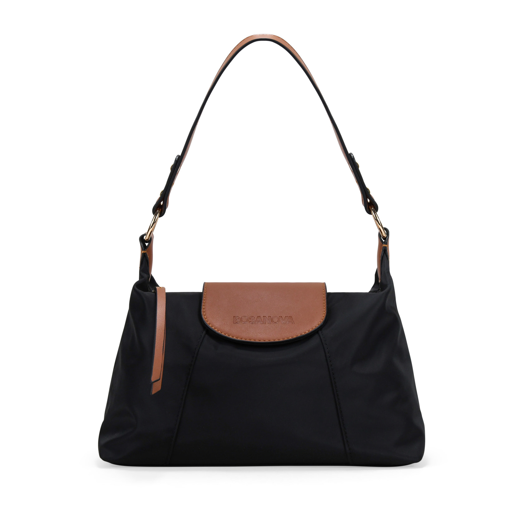 Bolso de hombro negro en nylon con solapa