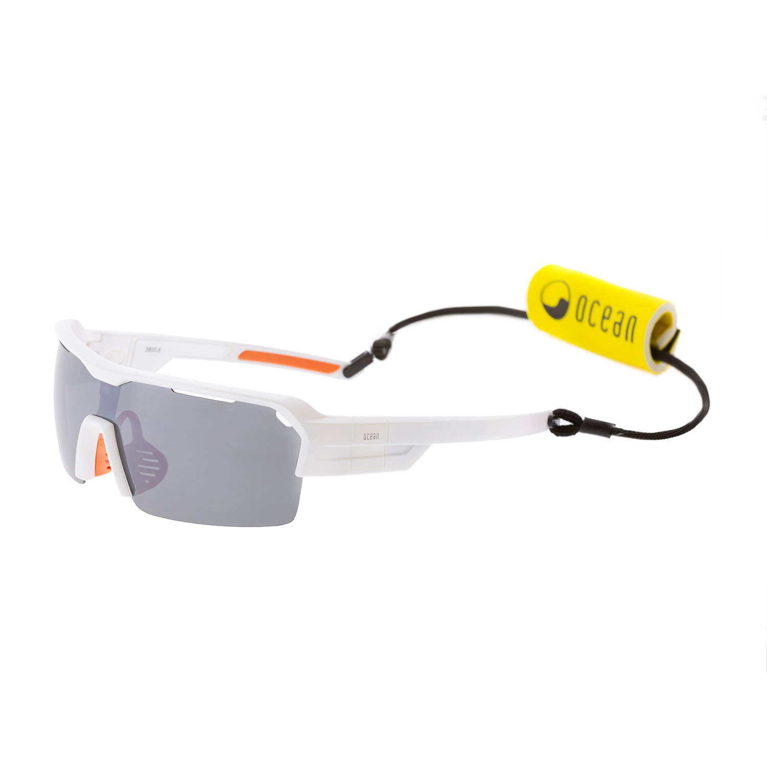 Gafas de deportes acuáticos OCEAN RACE - Blanco mate / Revo gris y plaquetas y puntas naranjas