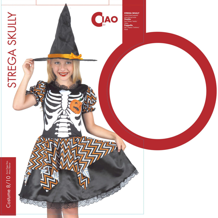 Travestimento Costume Halloween Strega Skully Nero Bianco Arancio Bambina