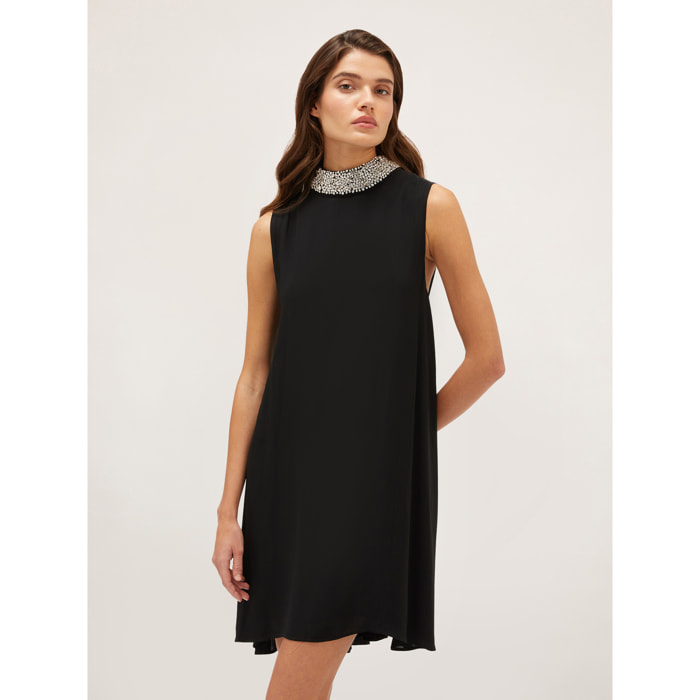 Motivi - Vestido holgado con cuello bordado - Negro
