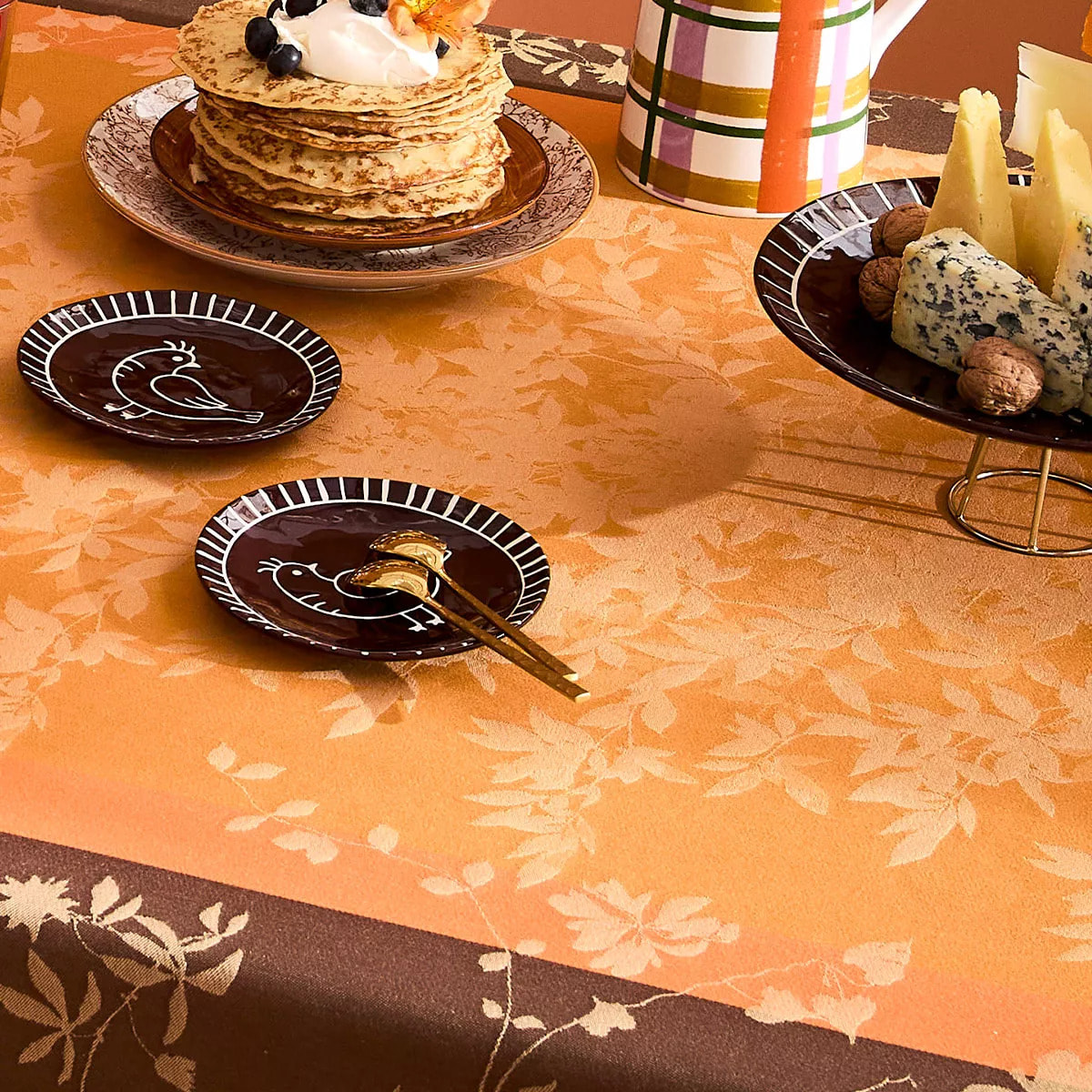 Chemin de table pur coton 220 g/m² motif jacquard orange marron Mille lierres automne
