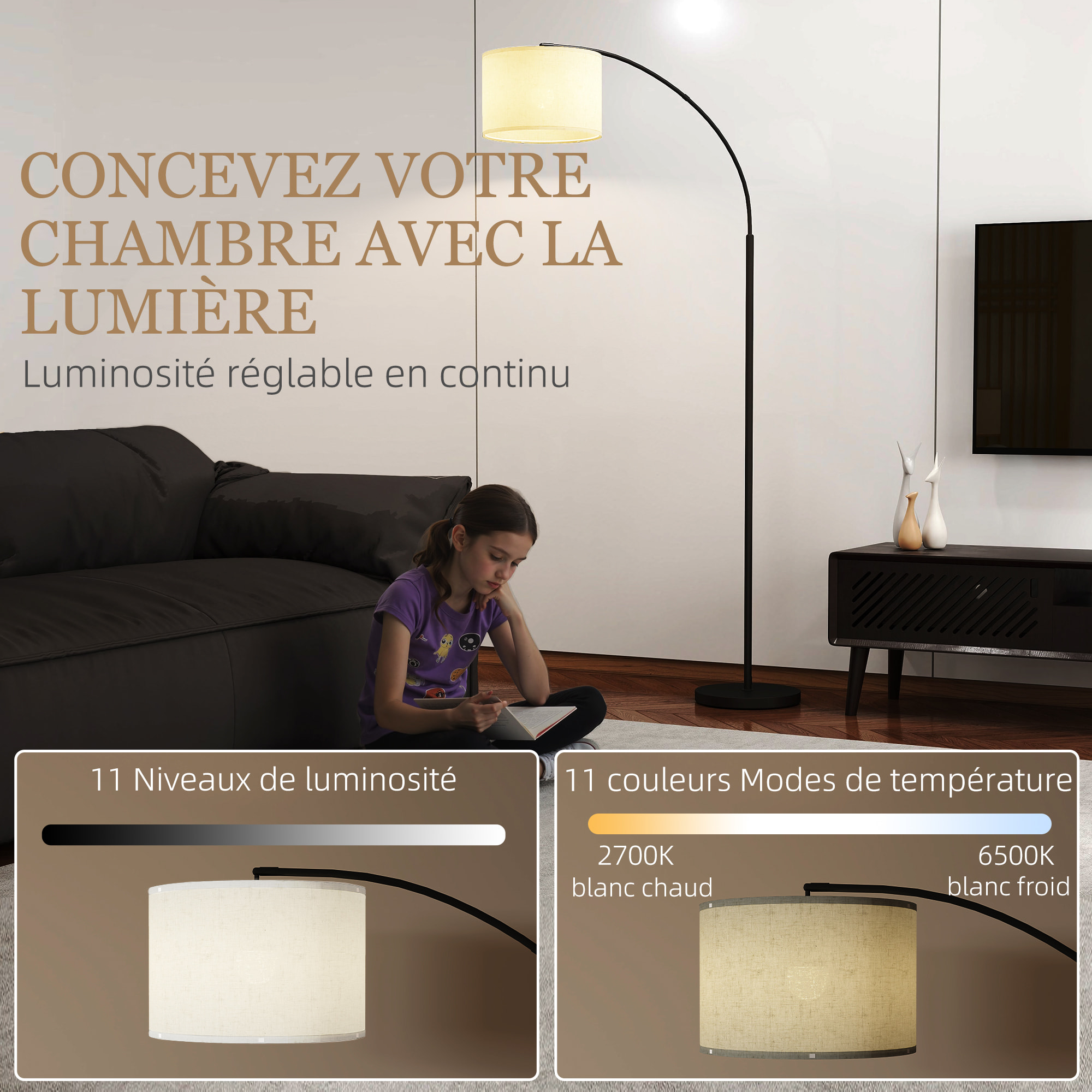 Lampadaire LED dimmable H.180 cm avec télécommande abat-jour réglable 11 température couleurs et niveaux de luminosité noir