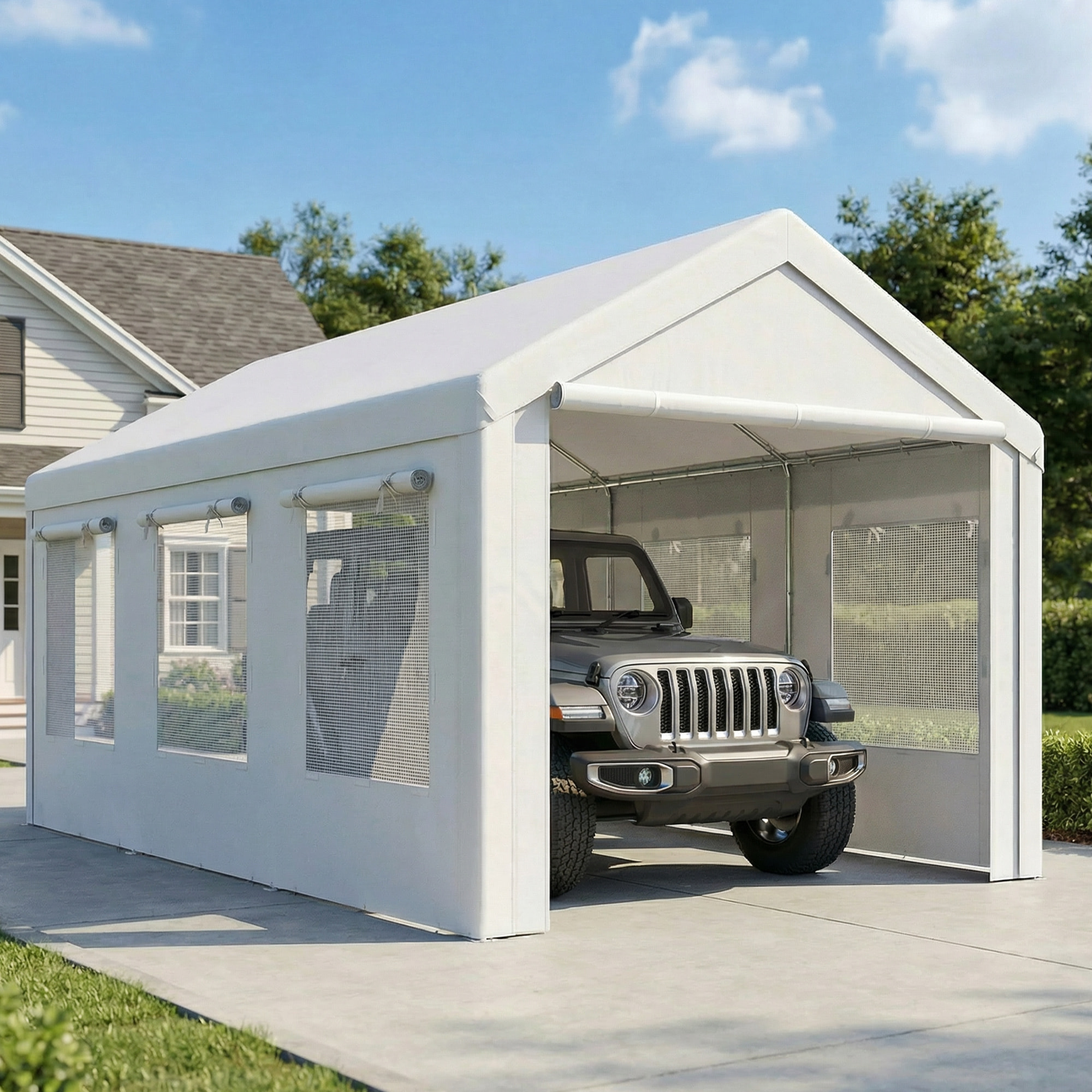 Carport auvent pour voiture 6x3m 8 fenêtres 2 portes zippées acier galvanisé robuste PE haute densité blanc
