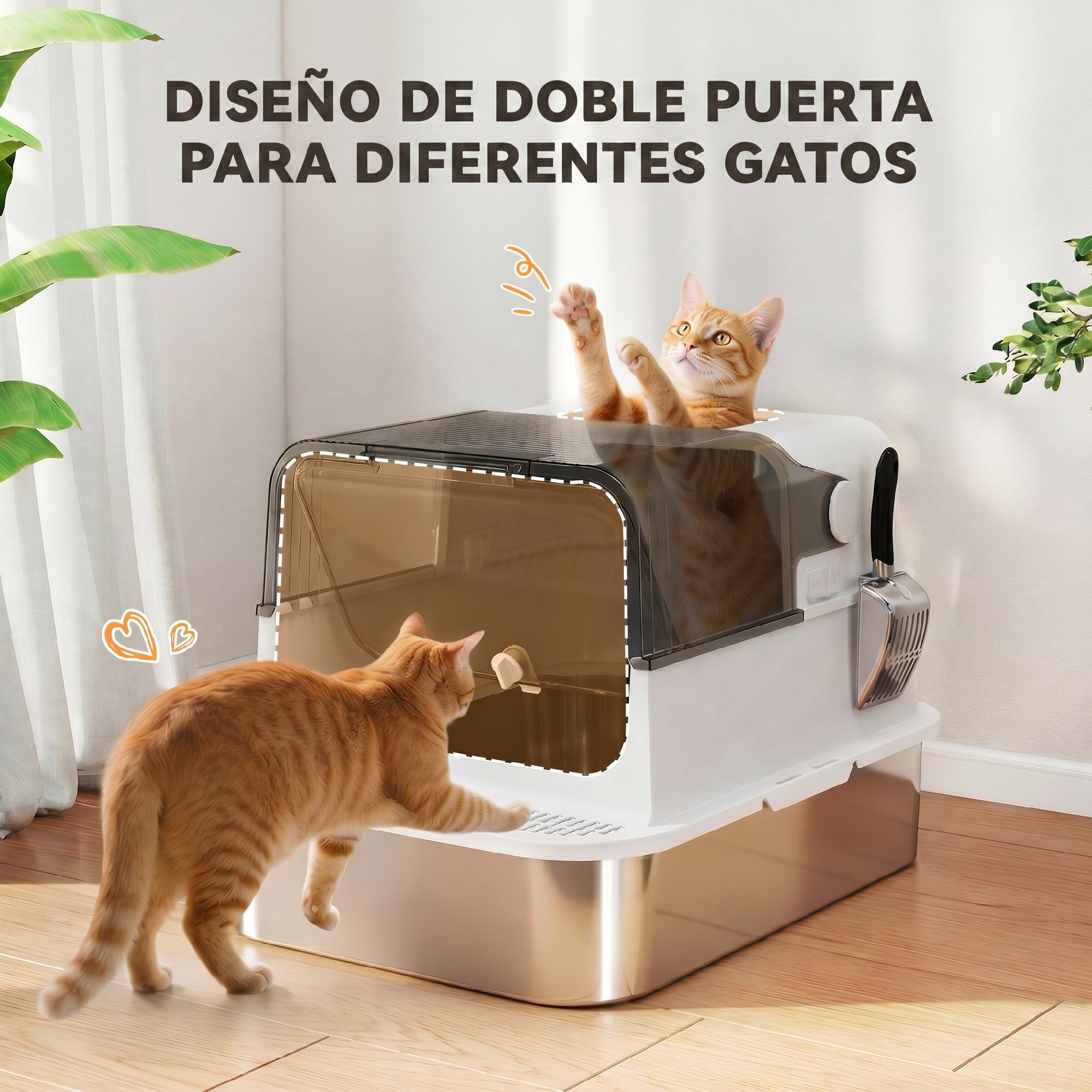 Arenero para Gatos de Acero Inoxidable XXL, Caja de Arena para Gatos Grandes, Arenero con Tapa Abatible, Laterales Altos, Entrada Superior, Pala, sin Olores, Fácil de Limpiar, Antifugas, Blanco