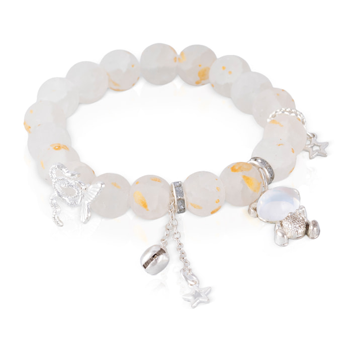 Set de 6 pulseras elásticas con cuentas de cristal y diseños amarillo, blanco, granate, morado, verde y rosa.