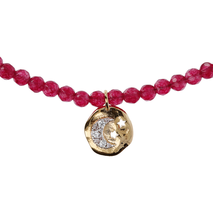 Collana Girocollo in Quarzite Rossa e Pendente Tondo Martellato con Luna in Pavé