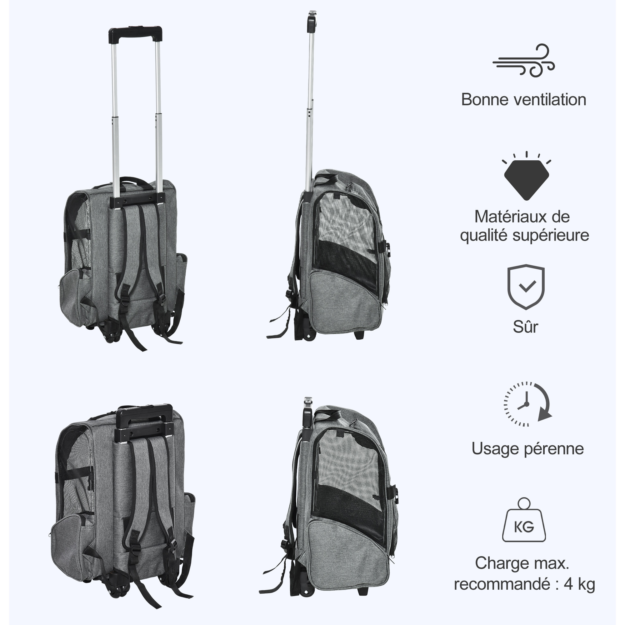 2 en 1 trolley chariot sac à dos sac de transport à roulettes pour chien chat gris