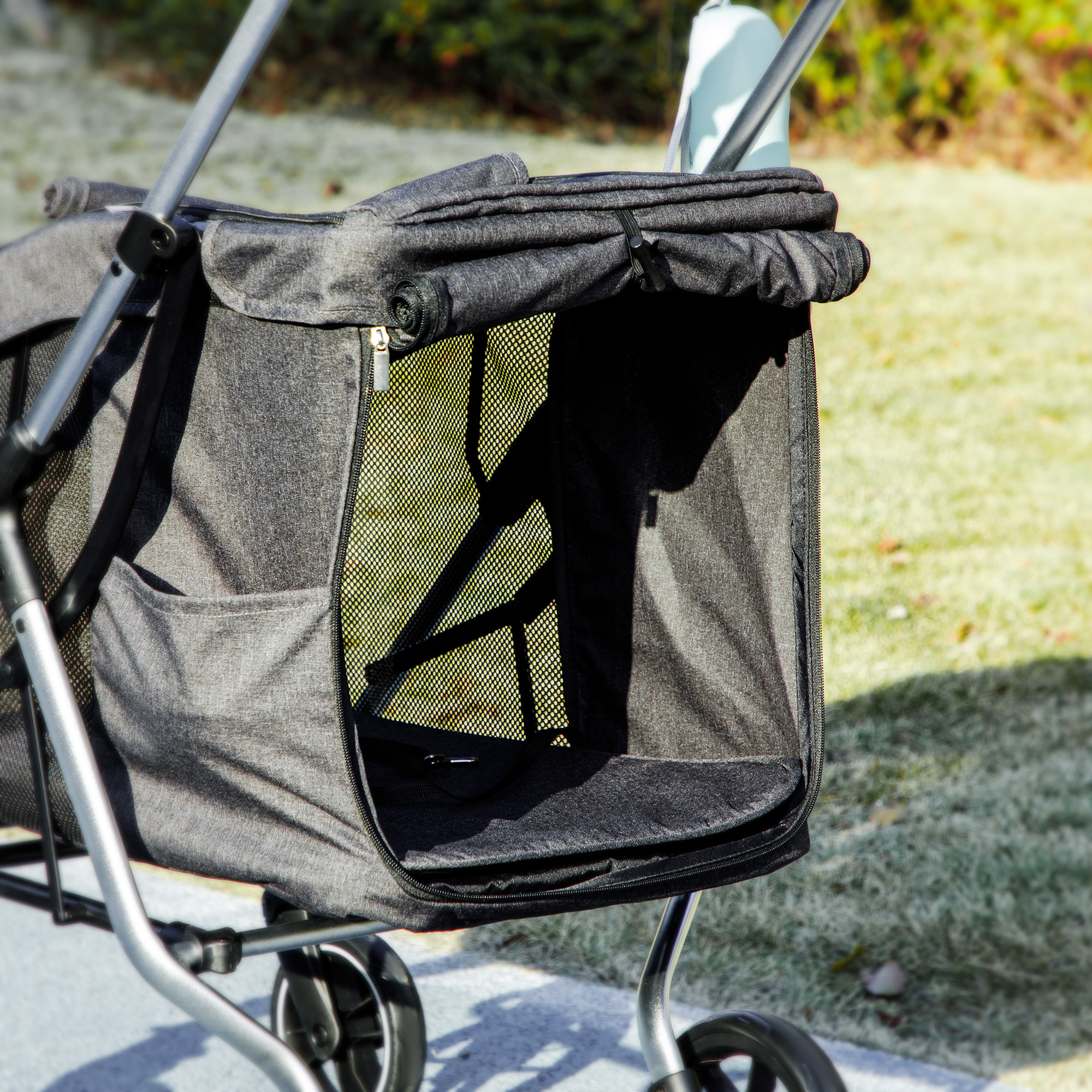 Poussette buggy chien 4 roues pliable - nombreux équipements - alu oxford gris