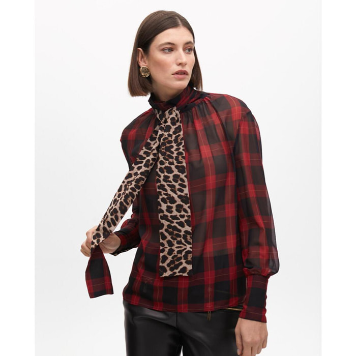 Camicia con Fiocco Stampa Animalier e Tartan