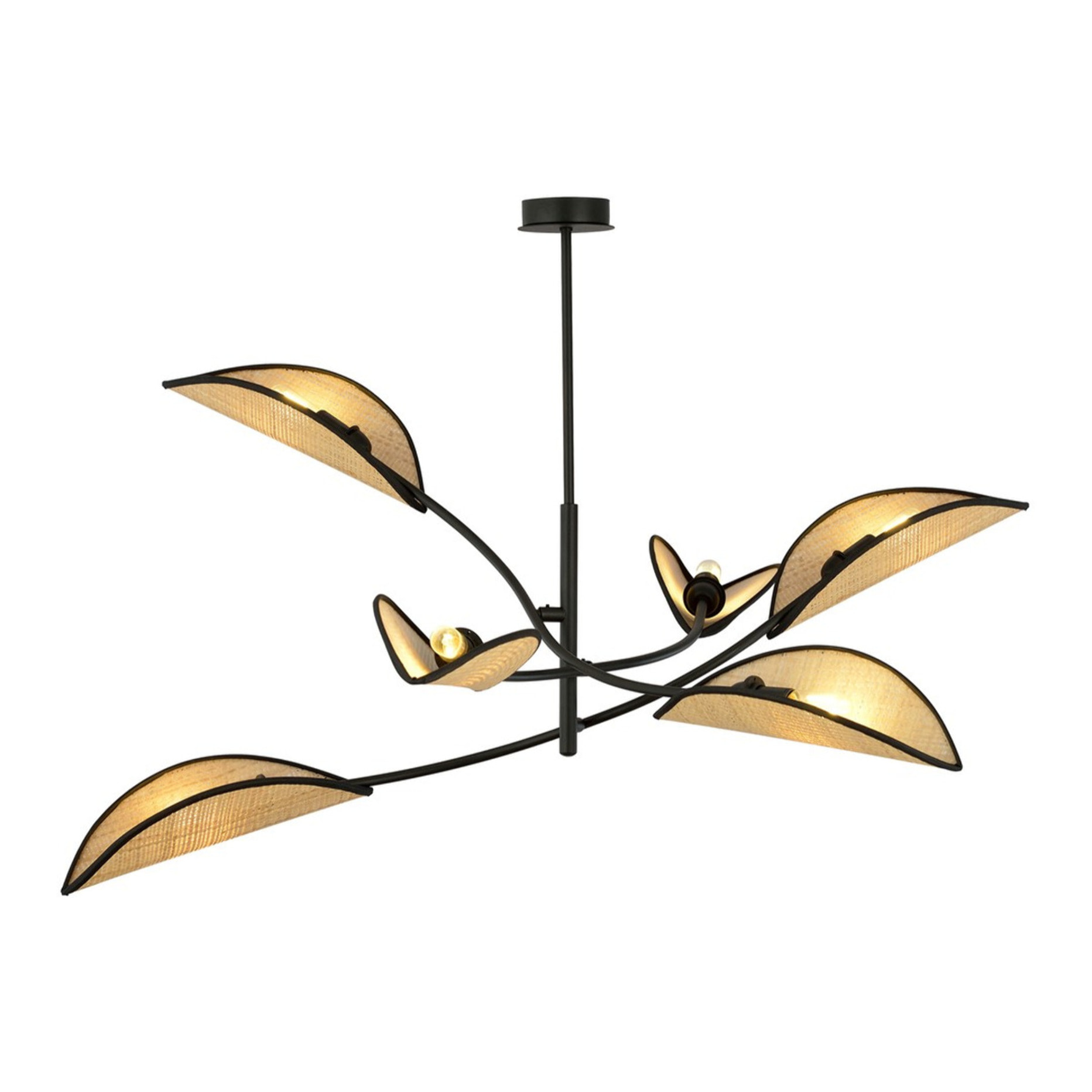 Lampada a sospensione Lotus in acciaio nero e rattan