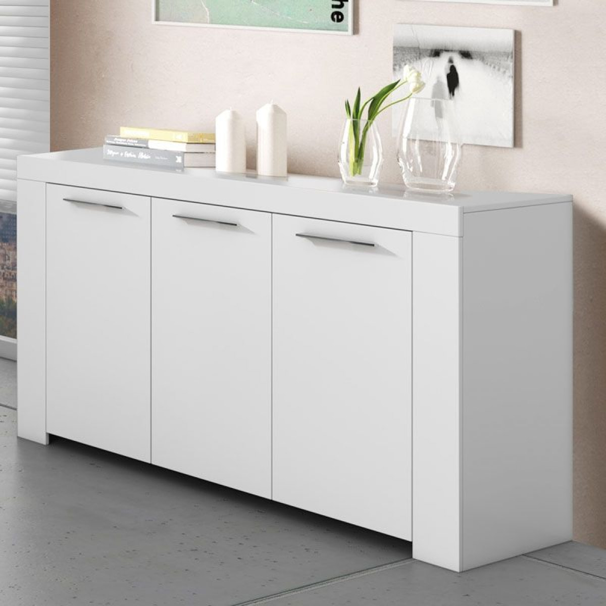 Aparador de 3 puertas con gran espacio de almacenamiento en blanco artik 144 cm Ambit Blanco Artik (Blanco Mate)