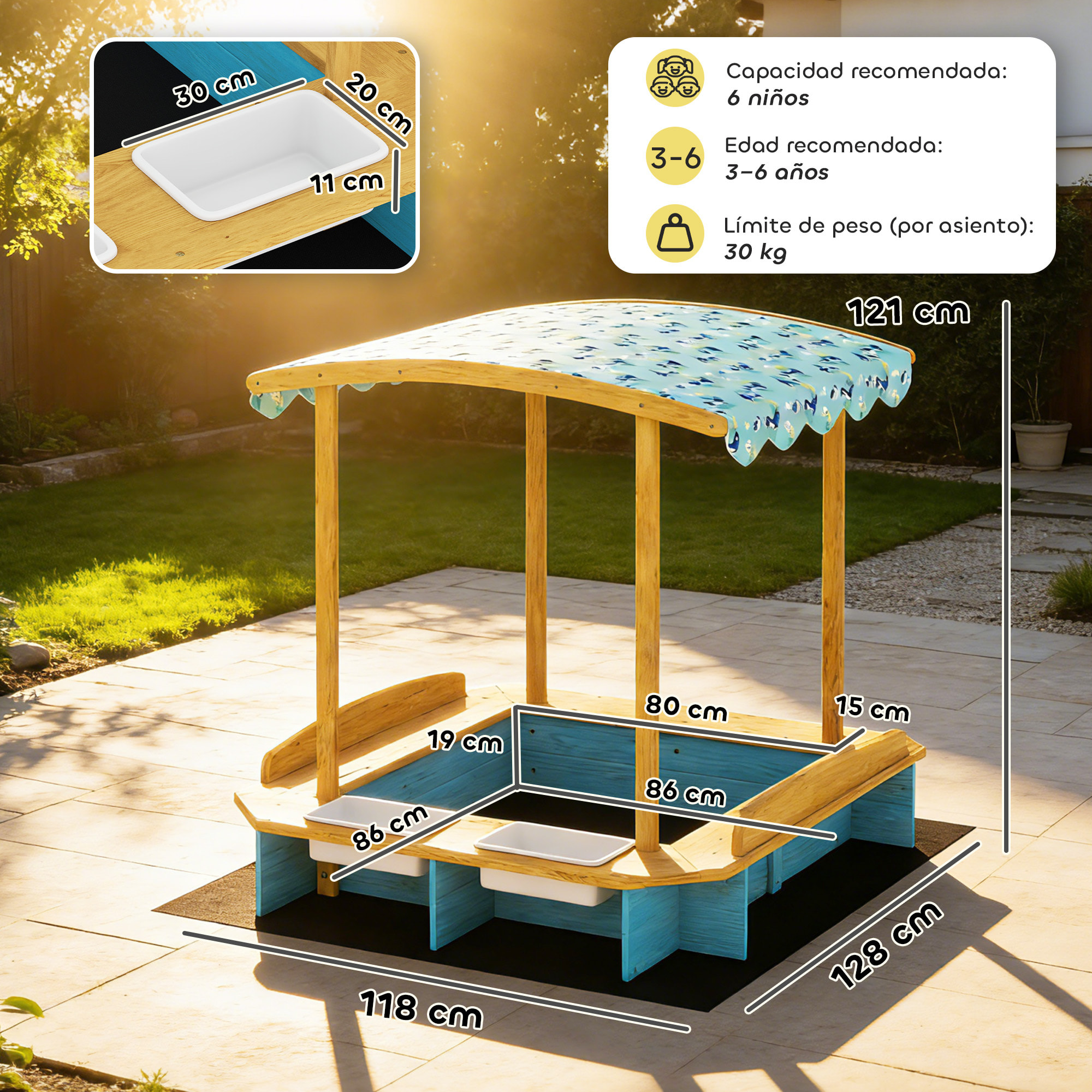 Arenero para Niños de Madera con Techo, Arenero Infantil con 3 Bancos, 2 Cajas de PP, Forro, Caja de Arena para Niños de 3-6 Años, para Patio, Jardín, Balcón, 128x118x121 cm, Azul