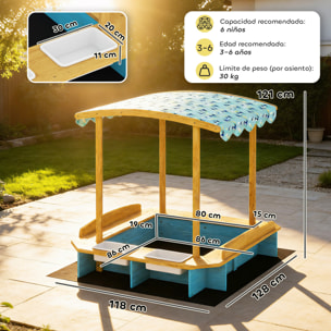 Arenero para Niños de Madera con Techo, Arenero Infantil con 3 Bancos, 2 Cajas de PP, Forro, Caja de Arena para Niños de 3-6 Años, para Patio, Jardín, Balcón, 128x118x121 cm, Azul