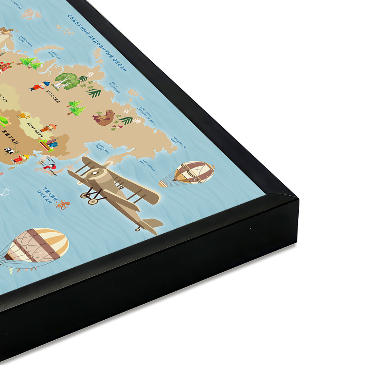 Affiche encadrée carte du monde enfants illustrée Affiche + cadre en métal - Noir