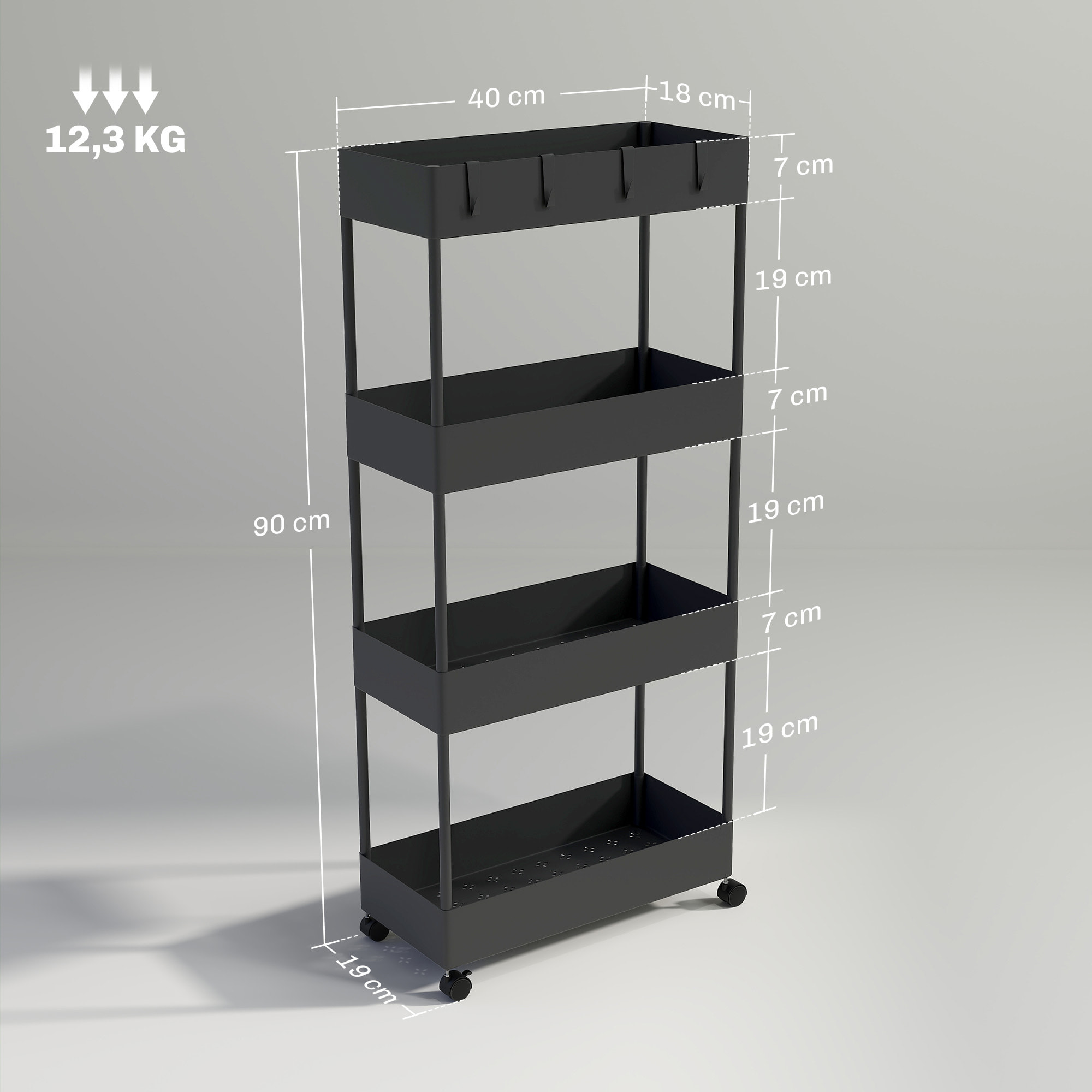 Carro de Cocina de Almacenamiento de 4 Niveles Carrito Auxiliar con Ruedas 4 Cestas y 4 Ganchos Extraíbles Carrito de Cocina para Comedor Baño Salón 40x19x90 cm Negro