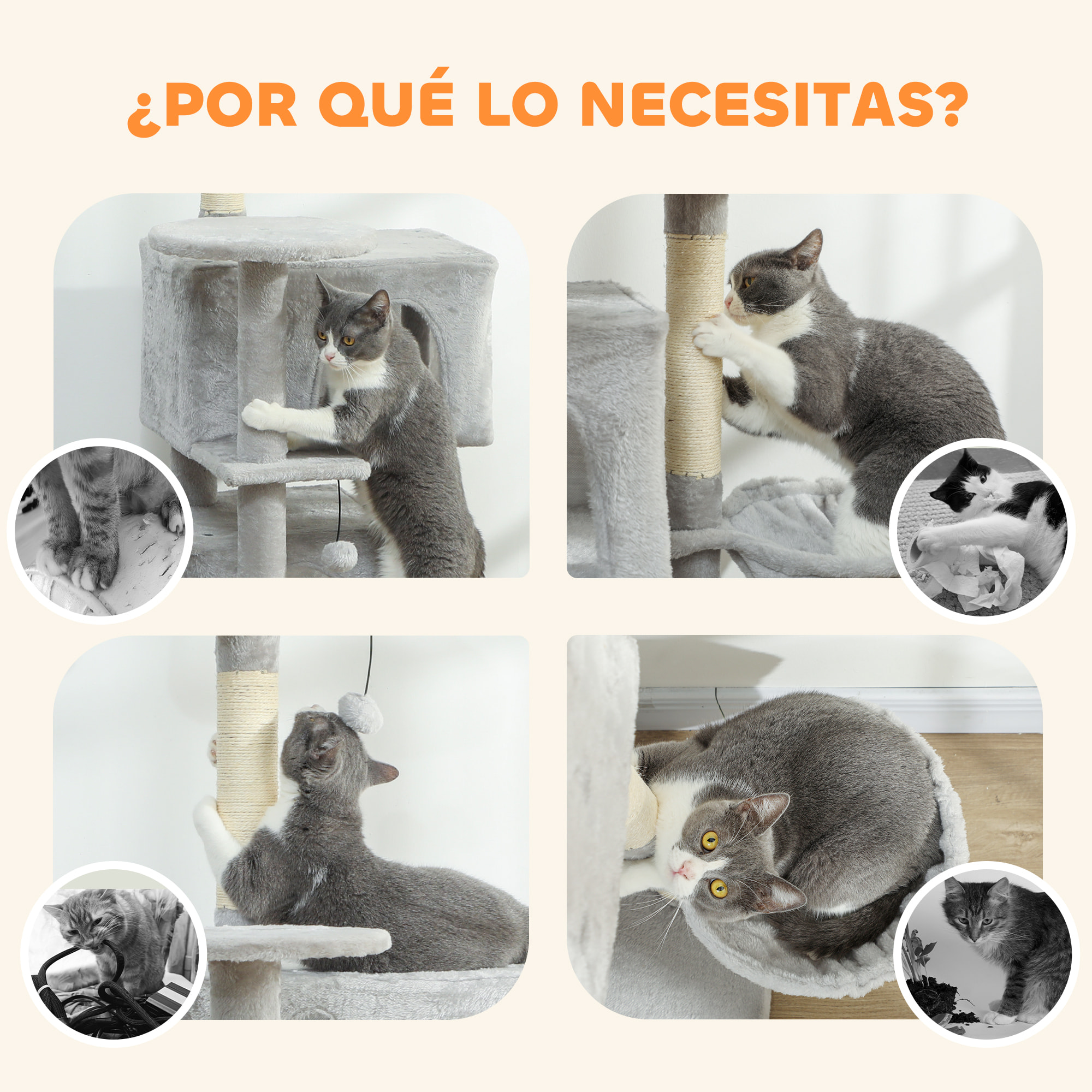 Árbol Rascador para Gatos, Árbol para Gatos 140 cm, Torre Escalador con Múltiples Plataformas, Cama, 2 Cuevas, Hamaca, Escalera, Postes de Sisal, Bolas para Jugar, Gris Claro