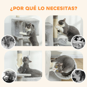 Árbol Rascador para Gatos, Árbol para Gatos 140 cm, Torre Escalador con Múltiples Plataformas, Cama, 2 Cuevas, Hamaca, Escalera, Postes de Sisal, Bolas para Jugar, Gris Claro