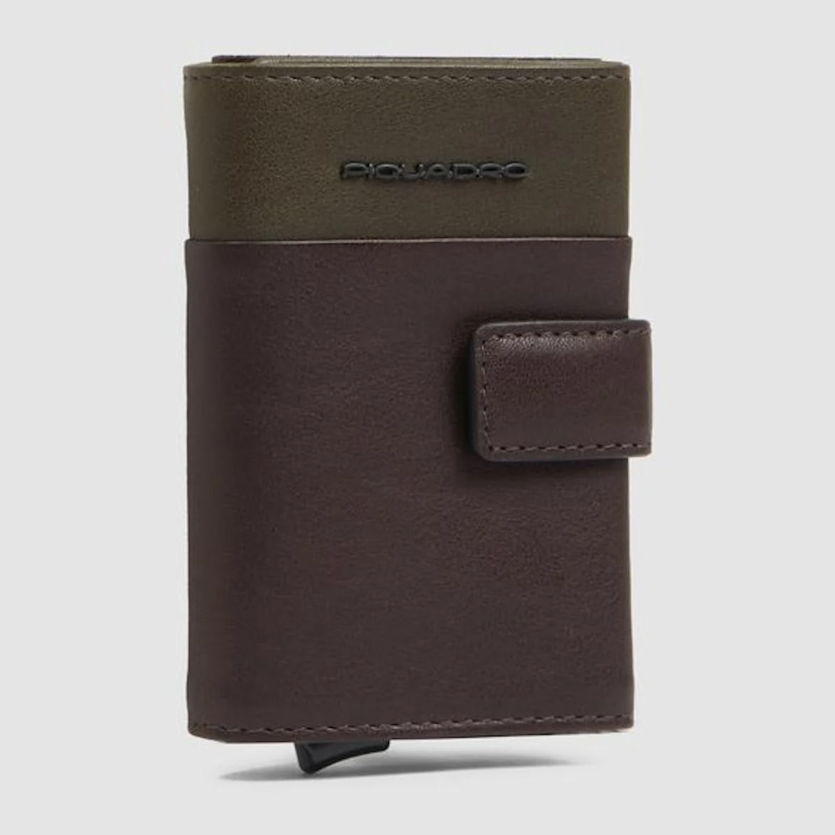 Piquadro Portacarte automatico in metallo e pelle, schermato con protezione RFID