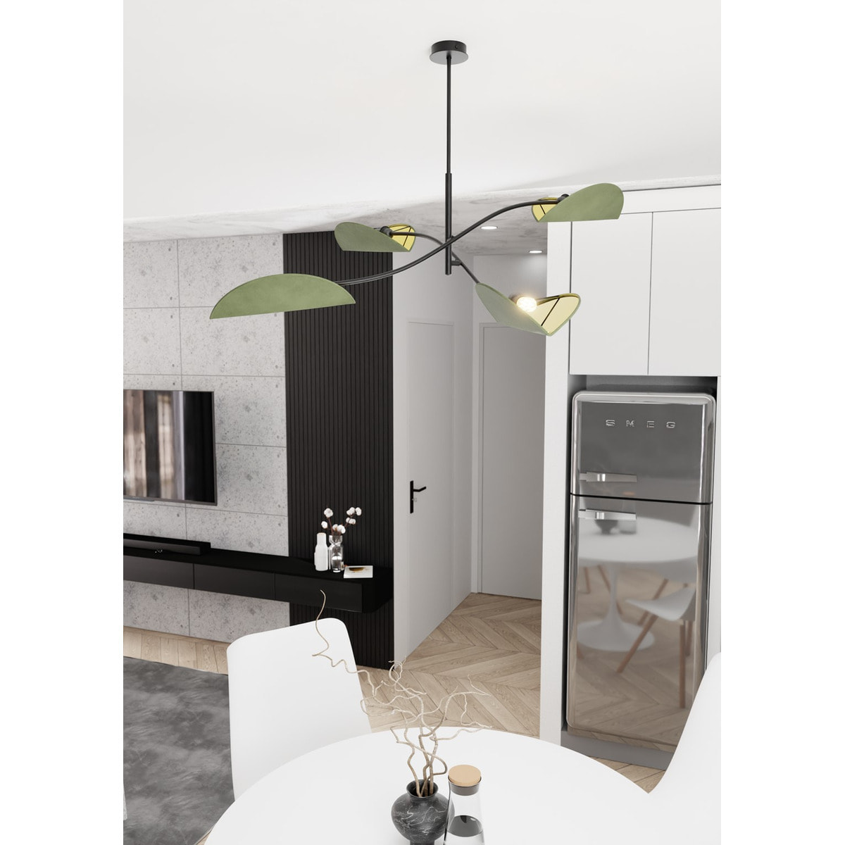 Lampada a sospensione Lotus in acciaio nero e velluto verde