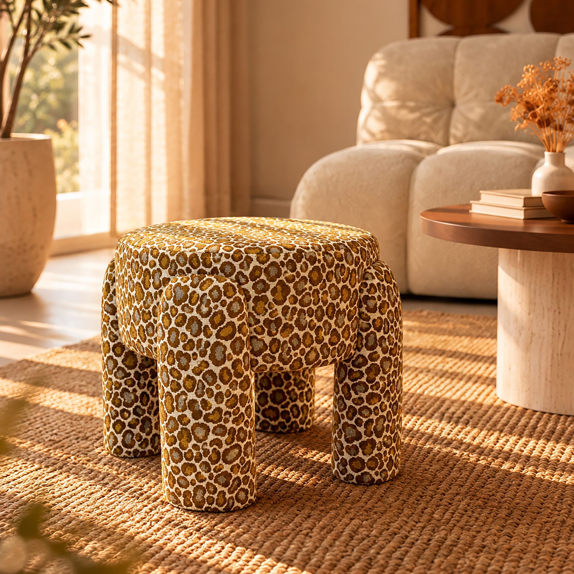 Tabouret en tissu léopard jaune ORION