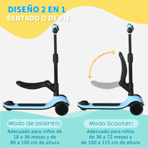 Patinete para Niños 2 en 1 Patinete Infantil Asiento Plegable con Altura Ajustable 3 Ruedas Brillantes para +18 Meses Carga 50 kg 58x31x64-79 cm Azul