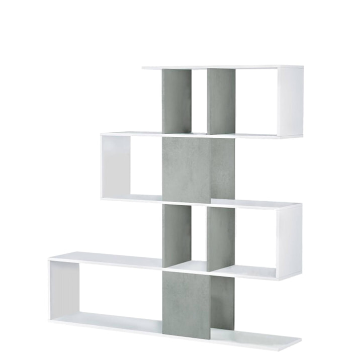 Libreria Pueblo, Mobile portalibri con 7 scomparti, Scaffale moderno da ufficio, Mobile da parete con ripiani, cm 145x29h145, Bianco e Cemento