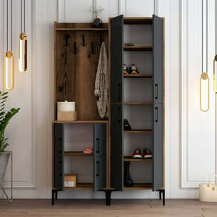 Mobile da ingresso Eufemia, Entratina appendiabiti, Composizione per atrio, Consolle portaoggetti multifunzione, 120x35h200 cm, Noce e Antracite