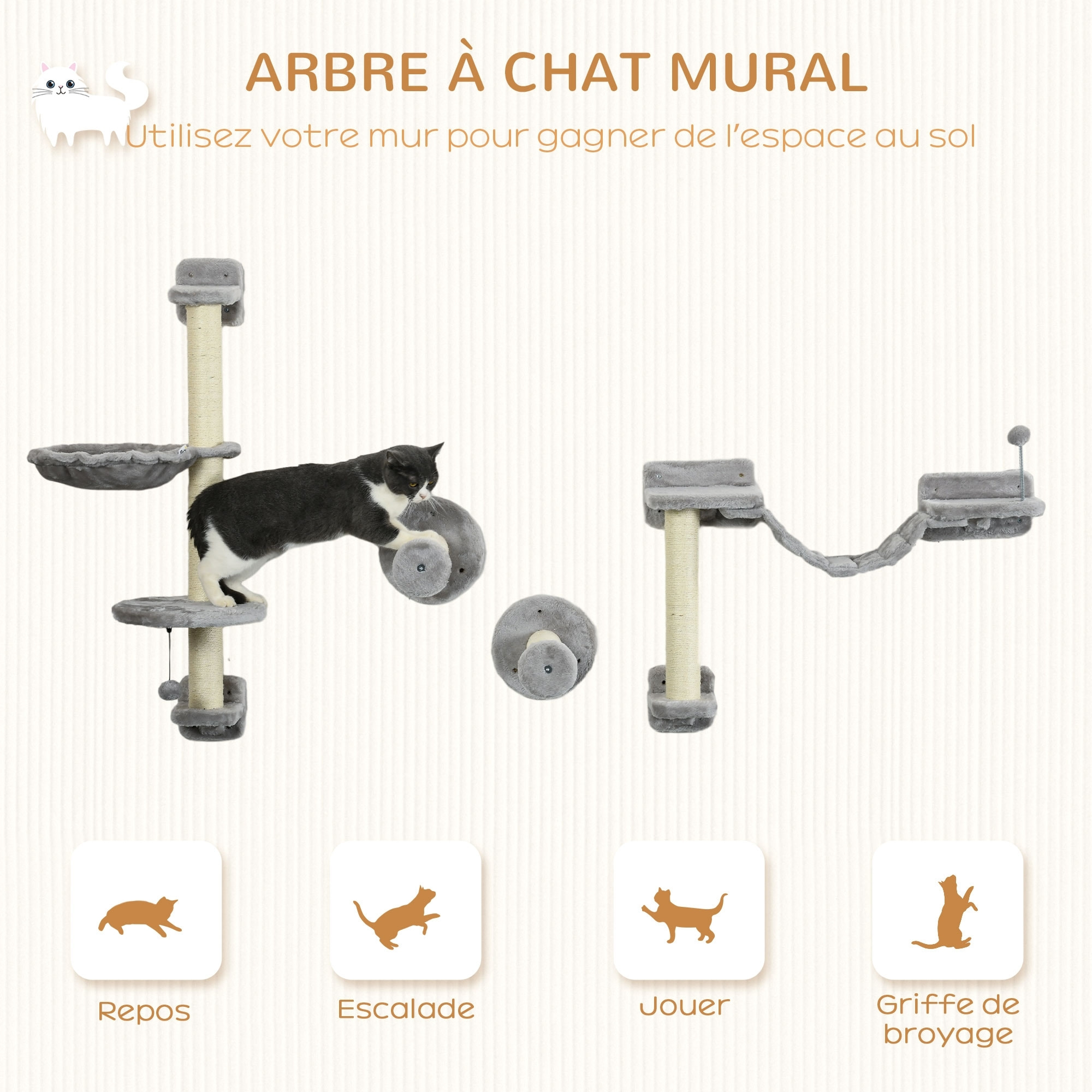 Mur d'escalade pour chat - arbre à chat design mural - griffoirs, plateformes, panier, hamac, jeux boules - gris