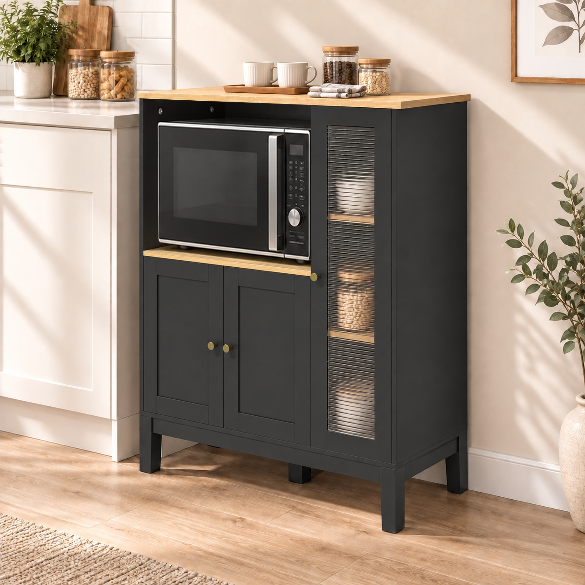 Meuble micro-ondes 3 portes niche verre trempé noir effet bois