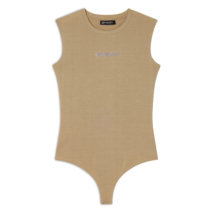 Body senza maniche in jersey stretch con logo strass