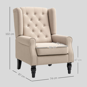 Fauteuil à oreilles style Chesterfield dossier capitonné grand confort bois noir tissu beige