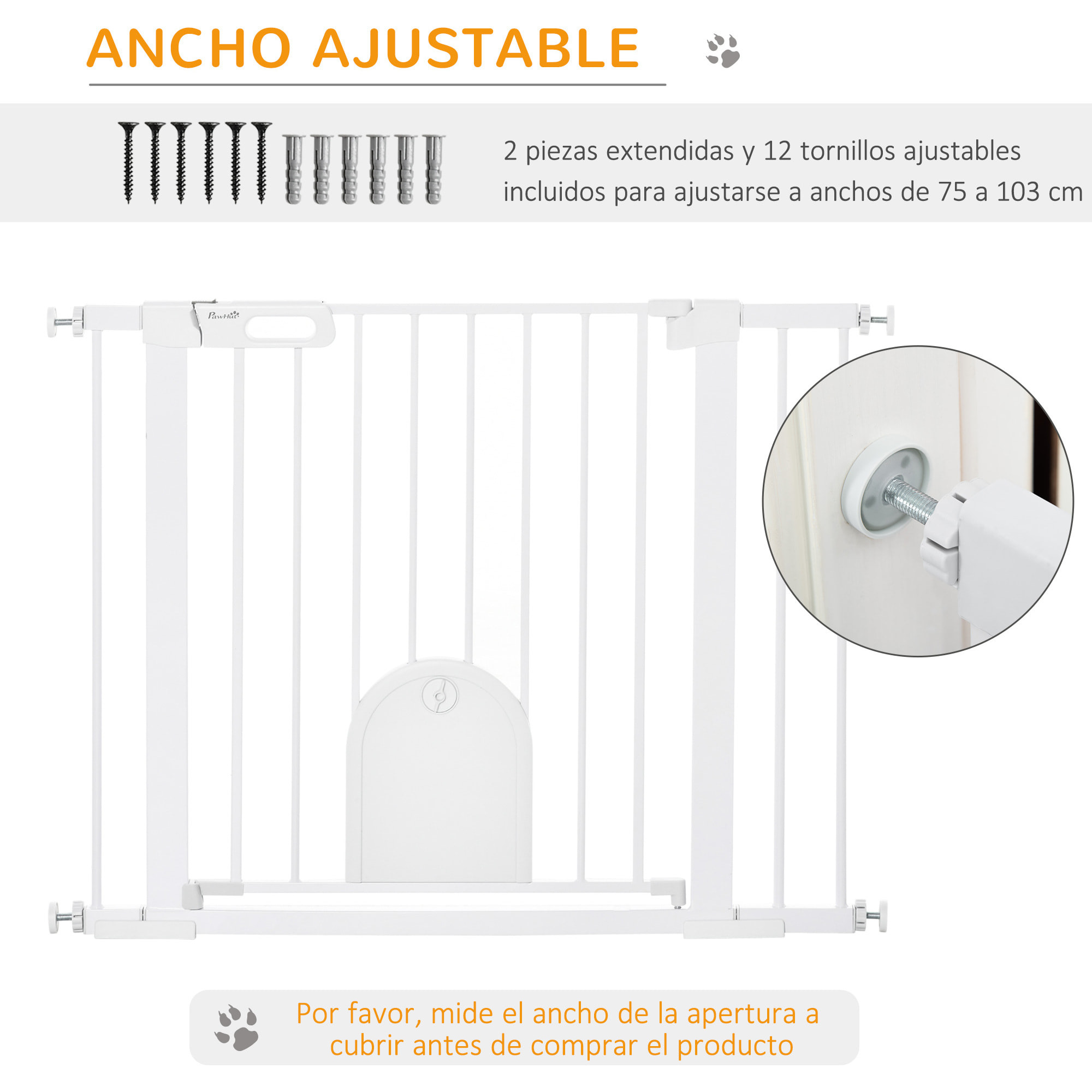 Barrera de Seguridad Perros 75-103cm con 2 Extensiones Cierre Automático Blanco