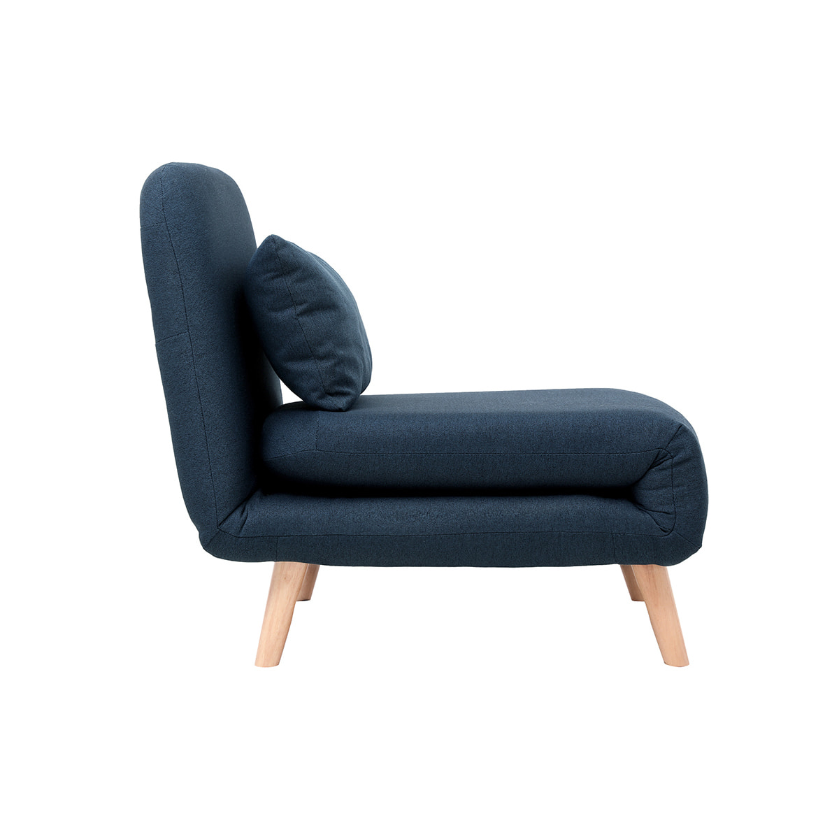Fauteuil convertible scandinave en tissu bleu foncé et bois clair AMIKO