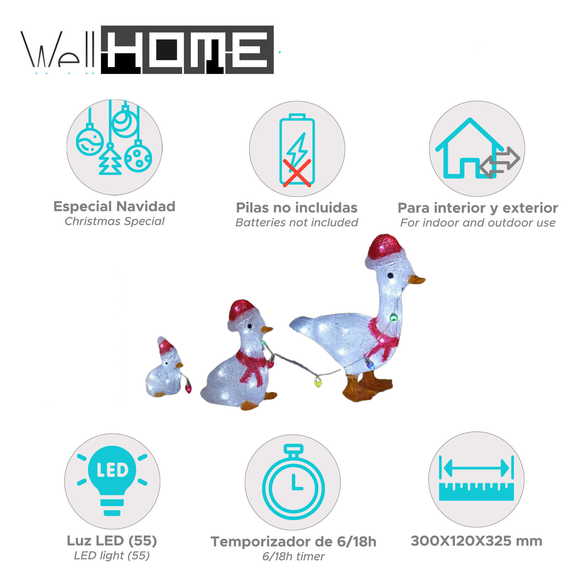 Set de 3 patos decorativos navideños con luces led blancas y temporizador