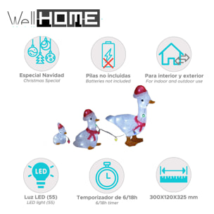 Set de 3 patos decorativos navideños con luces led blancas y temporizador