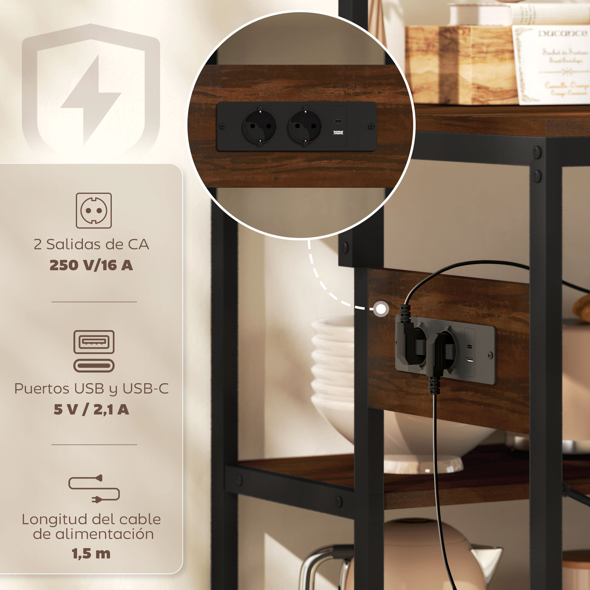 Estantería de Cocina con Toma de Corriente Estante de Cocina Industrial con Estantes Ganchos Mueble Auxiliar para Comedor Salón 116x70x182 cm Marrón Rústico