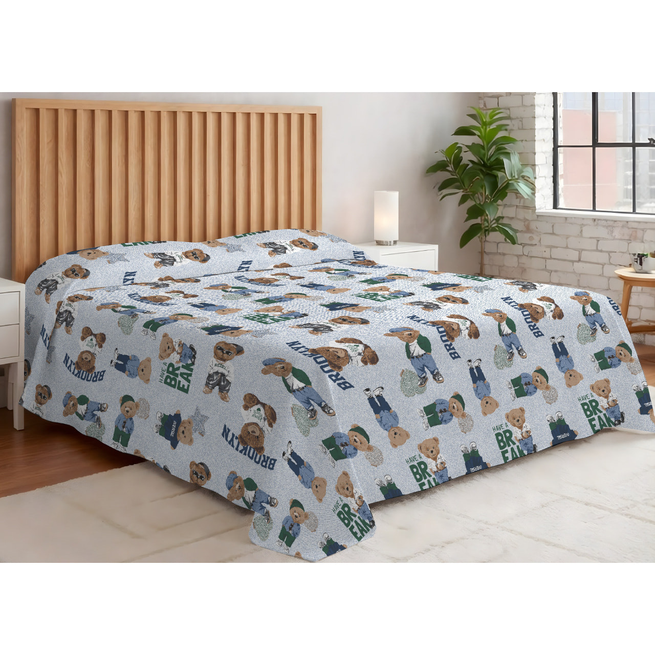 Copriletto Piquet 100% Cotone Made in Italy Fantasia Cameretta Bimbi Disegno Teddy Azzurro