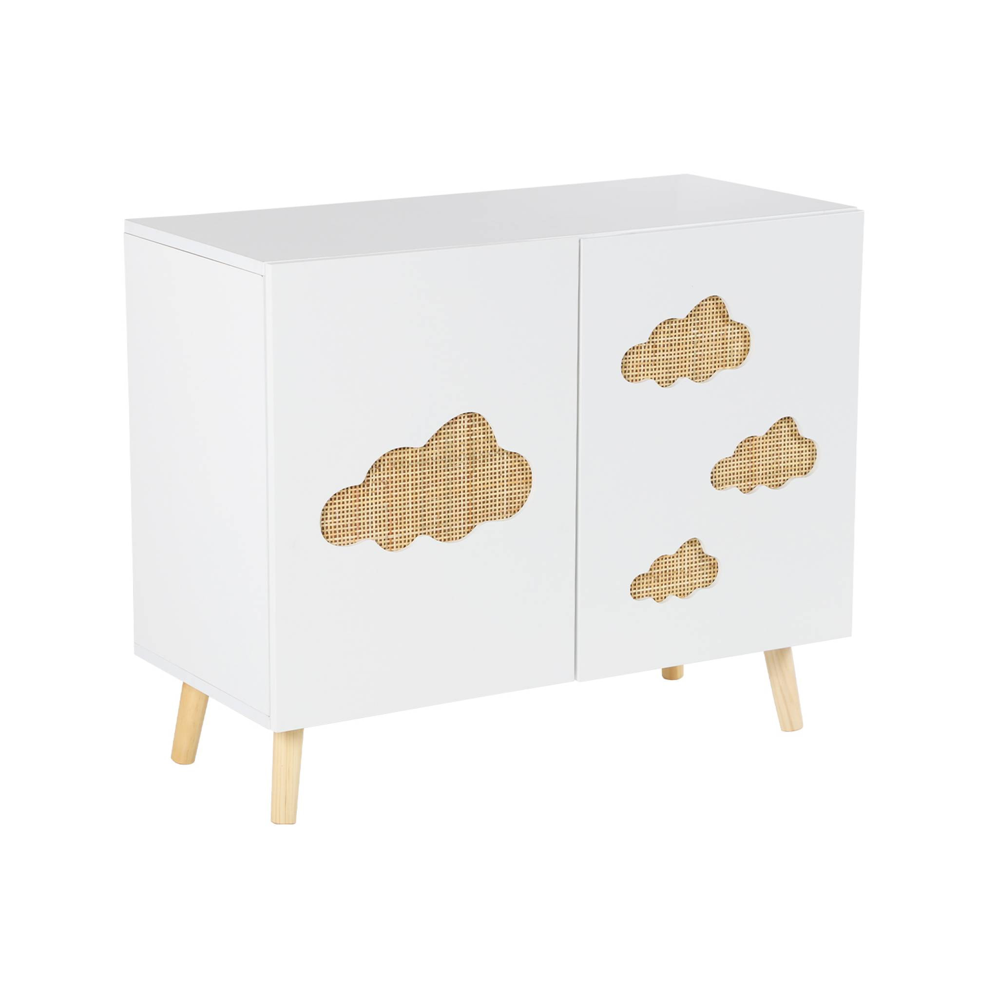 Commode enfant. blanc. 2 portes avec nuages en cannage. 2 étagères