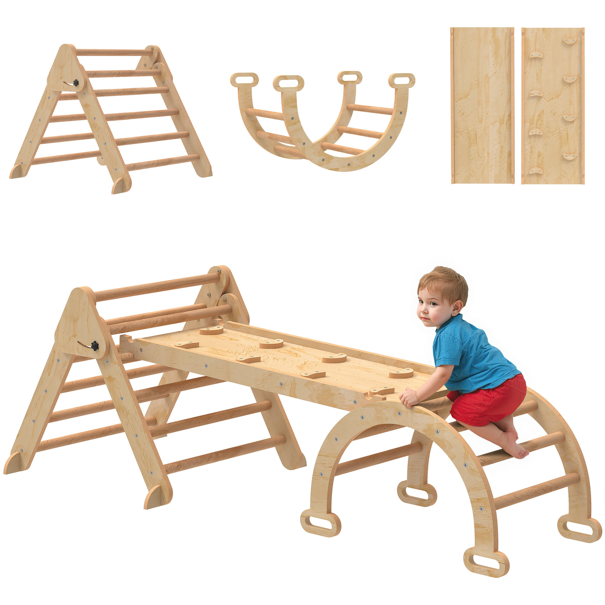 7 en 1 Triángulo de Escalada Montessori con Arco y Rampa, Escalada para Niños de Madera Plegable, para 18-48 Meses, para Deslizarse o Escalar, 188x70 cm, Natural