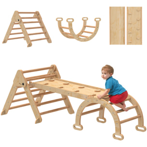 7 en 1 Triángulo de Escalada Montessori con Arco y Rampa, Escalada para Niños de Madera Plegable, para 18-48 Meses, para Deslizarse o Escalar, 188x70 cm, Natural