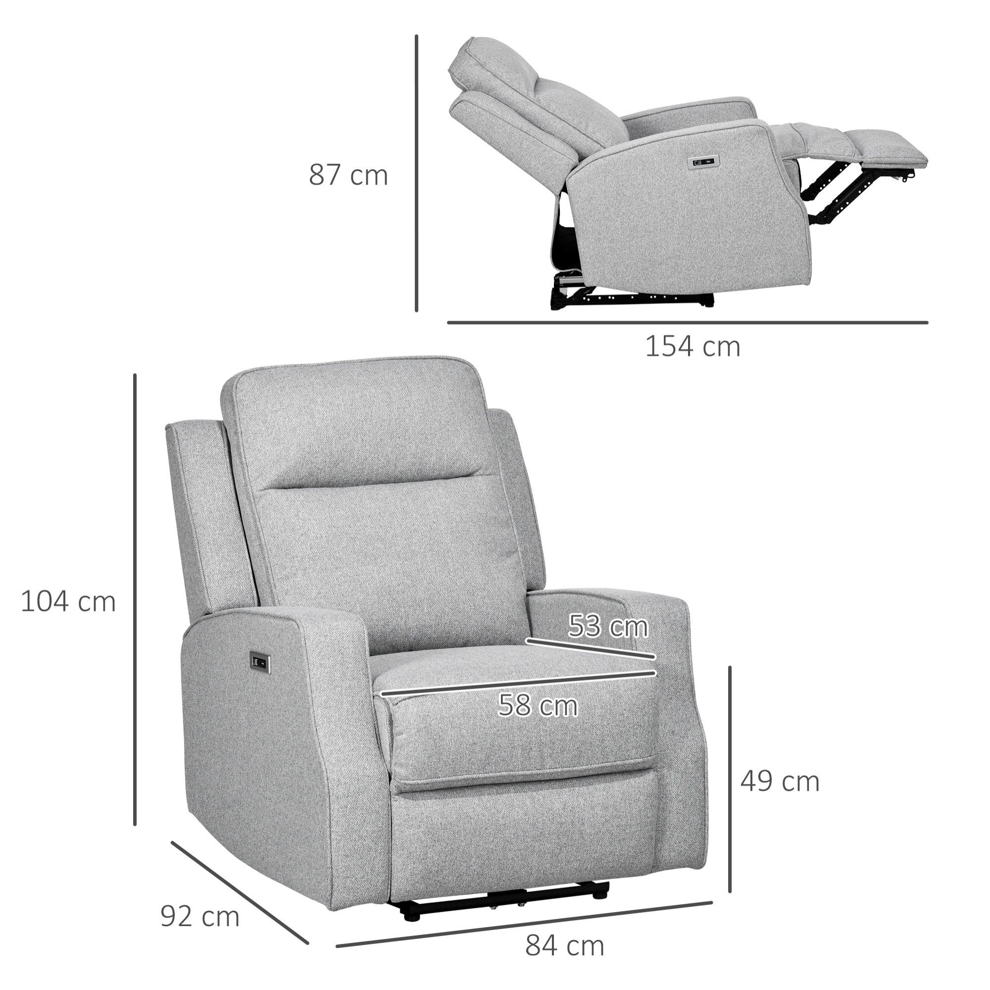 HOMCOM Sillón Reclinable Eléctrico Sillón Relax de Salón con Reclinación hasta 150° Reposabrazos y USB Carga 136 kg Sofá Reclinable para Salón Oficina Dormitorio 84x92x104 cm Gris