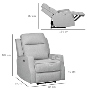 HOMCOM Sillón Reclinable Eléctrico Sillón Relax de Salón con Reclinación hasta 150° Reposabrazos y USB Carga 136 kg Sofá Reclinable para Salón Oficina Dormitorio 84x92x104 cm Gris