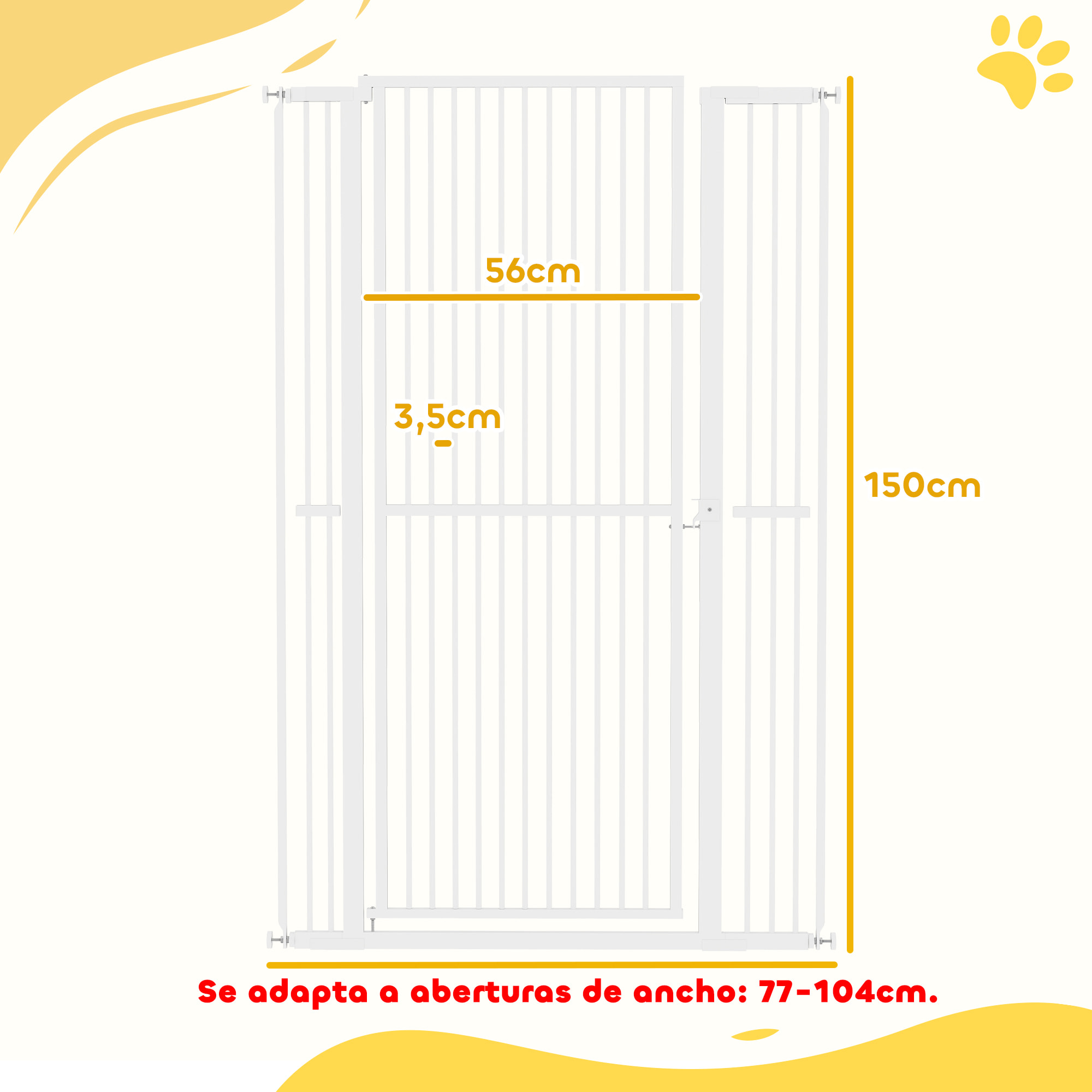 Barrera para Perros Extra Alta Puerta para Perros con Ancho Ajustable 77-104 cm Barrera de Seguridad para Perros y Gatos con 2 Extensiones y Puerta de Paso para Escaleras y Pasillos Blanco